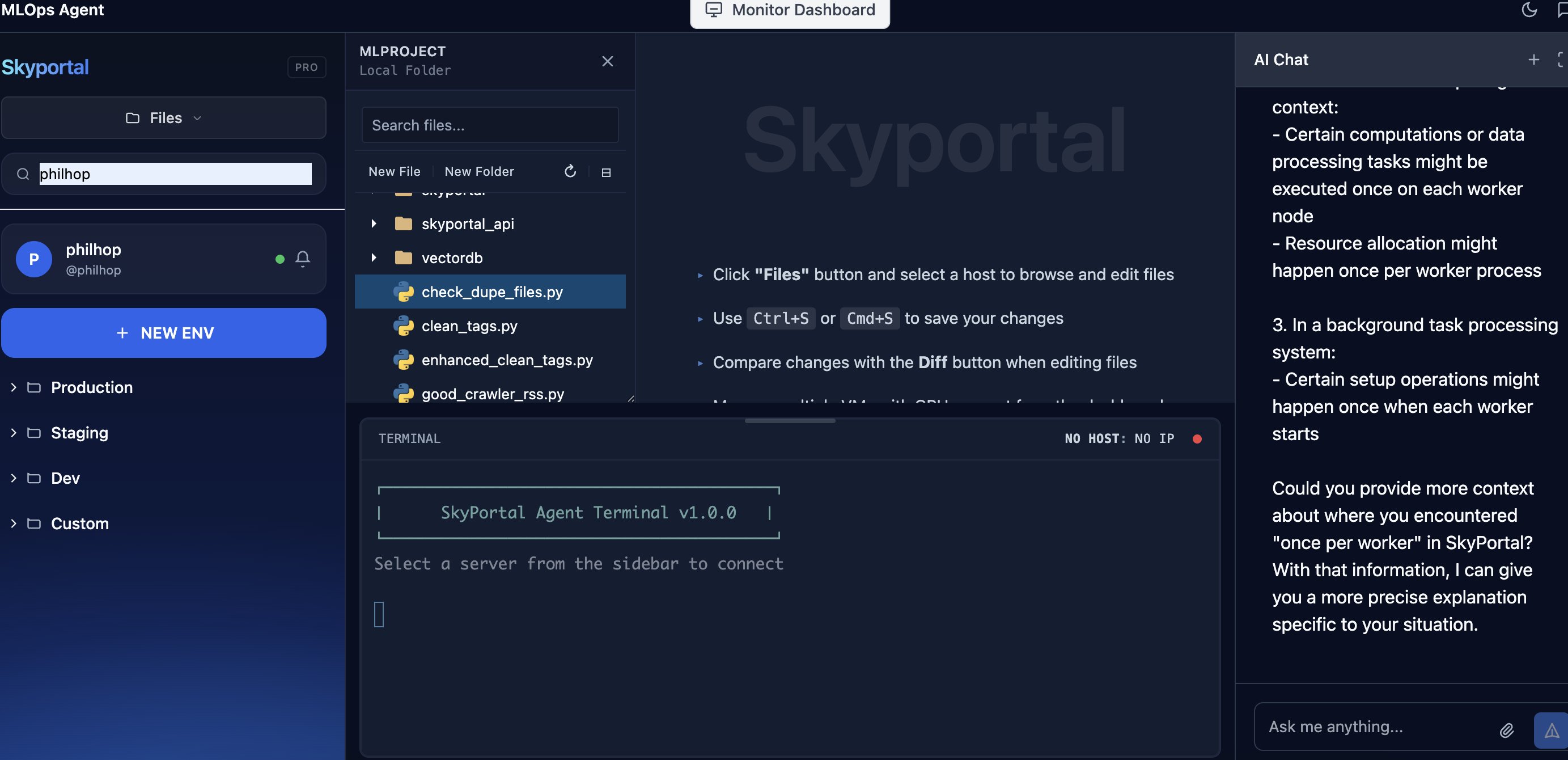 An ML specific code editor showing a user interface with file navigation, code editing area, and an AI chat panel