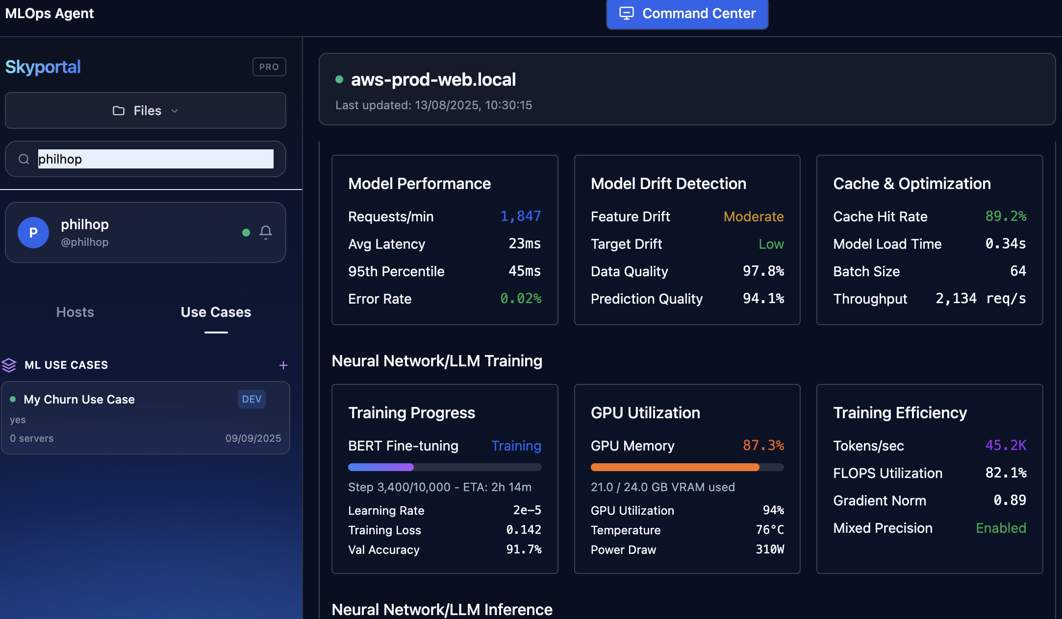 MLOps Agent dashboard showing model performance metrics